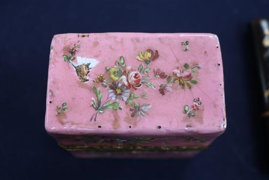 Two tortoiseshell etuis, a tortoiseshell case, a 19th century walnut snuff box and and enamel porcelain etui